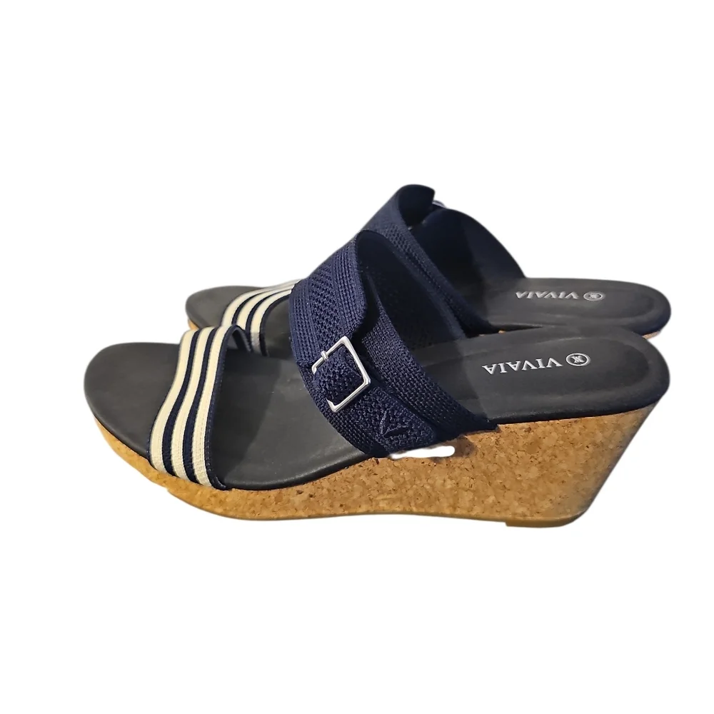 Vivaia Sammy 39 Adjustable Strap Cork Wedge Sandals Navy Sz 8/8.5 SH446